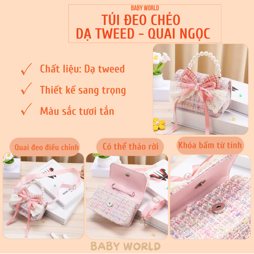 Túi Đeo Chéo Mini Vải Dạ Tweed, Quai Ngọc Thời Trang Sang Chảnh - Đáng Yêu Cho Bé Gái