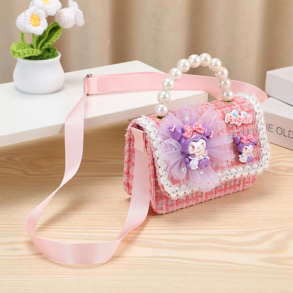 Túi Đeo Chéo Mini Vải Dạ Tweed, Quai Ngọc Thời Trang Sang Chảnh - Đáng Yêu Cho Bé Gái
