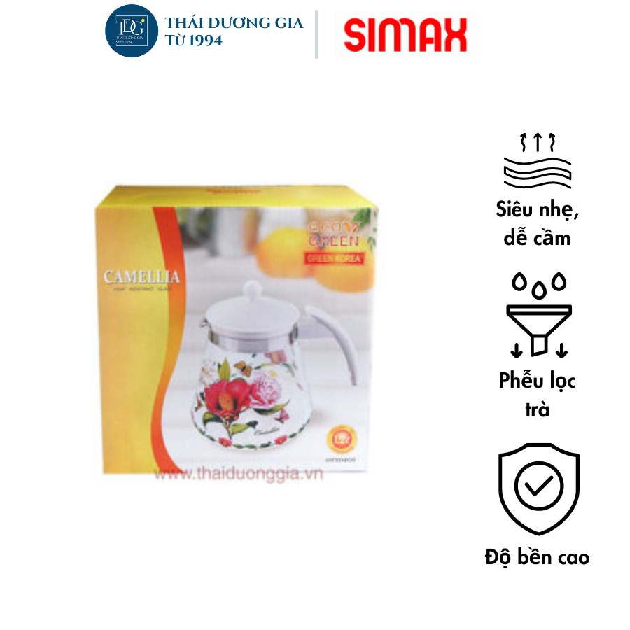 Bình trà, bình nước thủy tinh chịu nhiệt 1.2 lít hoa trà đỏ Camellia Simax Otto Thái Dương Gia