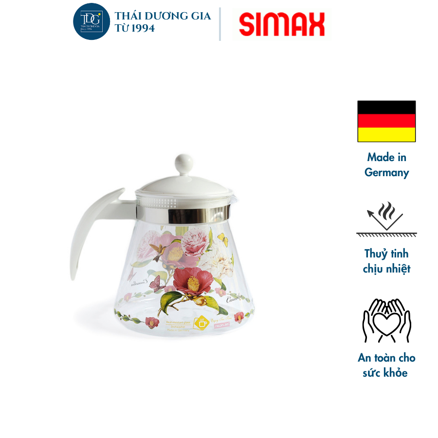 Bình trà, bình nước thủy tinh chịu nhiệt 1.2 lít hoa trà đỏ Camellia Simax Otto Thái Dương Gia