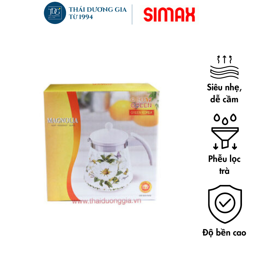 Bình trà, bình nước thủy tinh chịu nhiệt 1.2 lít mộc lan trắng Magnolia Simax Otto | Thái Dương Gia