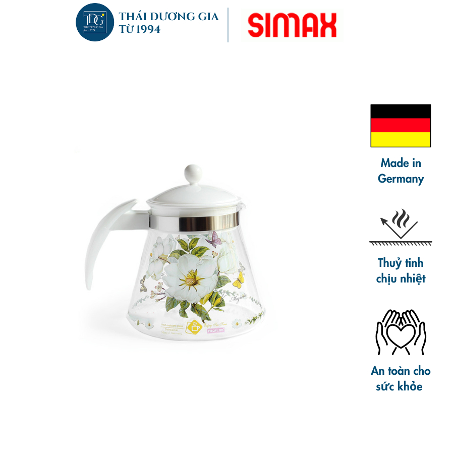 Bình trà, bình nước thủy tinh chịu nhiệt 1.2 lít mộc lan trắng Magnolia Simax Otto | Thái Dương Gia