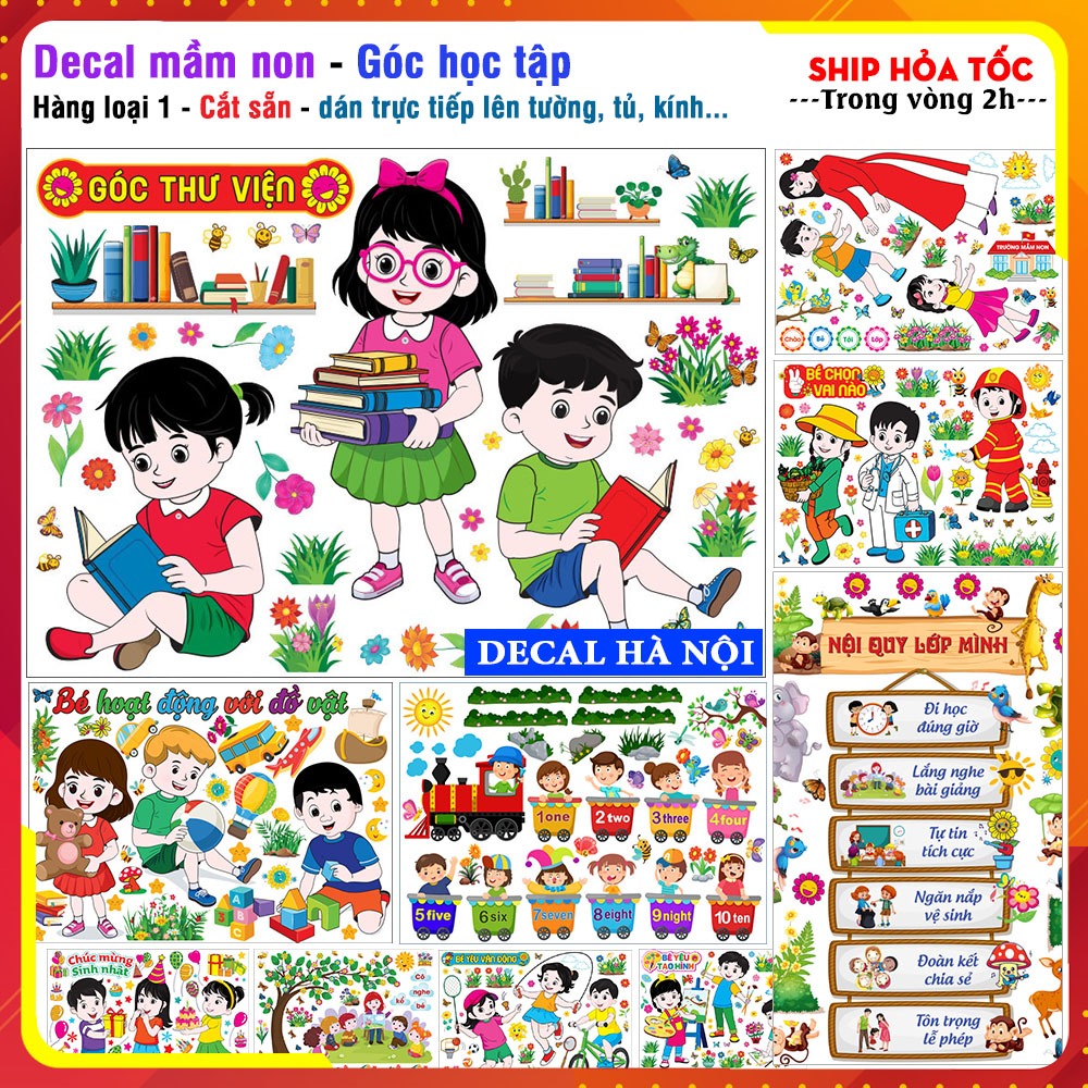 Decal mầm non cắt sẵn trang trí lớp học cho trẻ, tạo góc học tập sinh động và đẹp mắt.