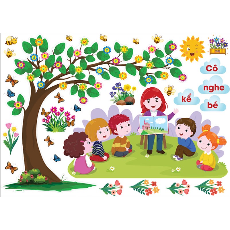 Decal mầm non cắt sẵn trang trí lớp học cho trẻ, tạo góc học tập sinh động và đẹp mắt.