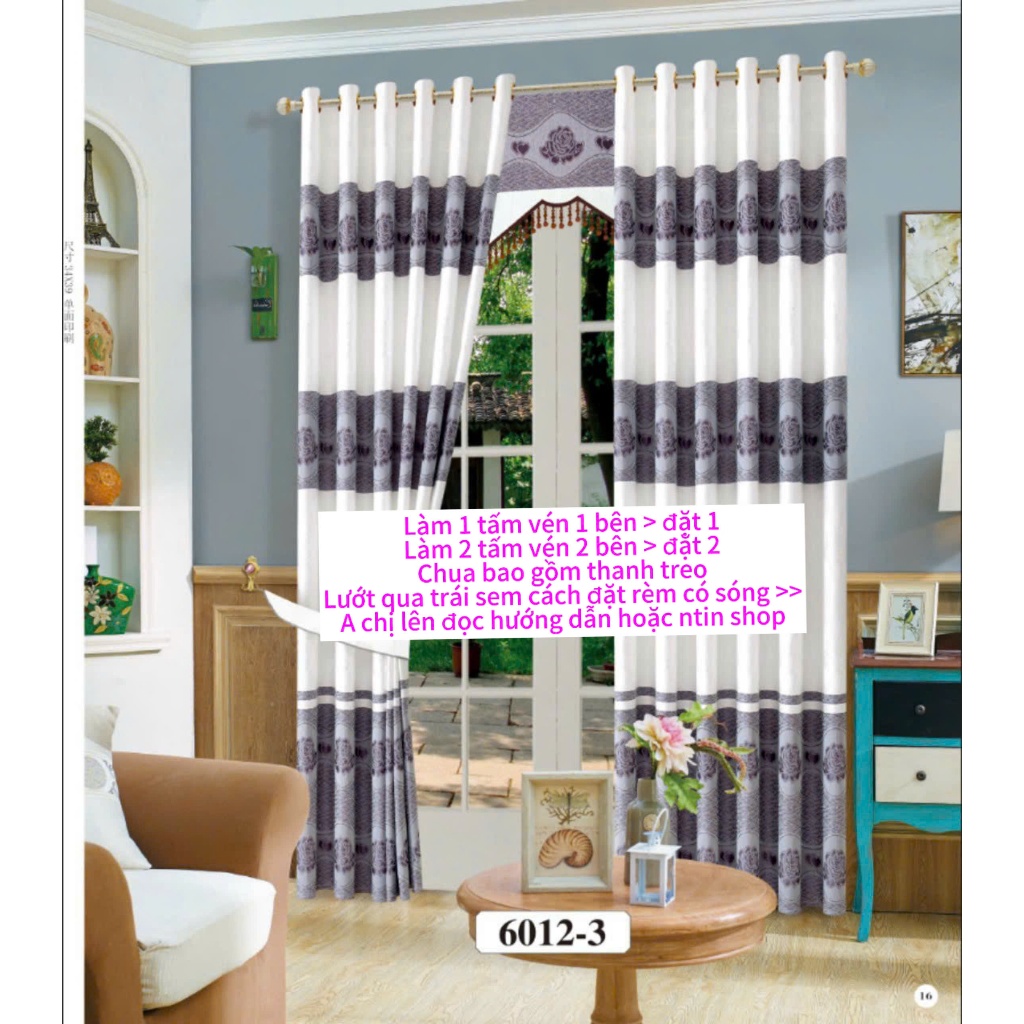 Gấm hoa văn màu tím phôi trắng , giá của 1 tấm rèm căng thẳng ( chua bao gồm thanh treo) vải polyster 2 lớp cản nắng 70%