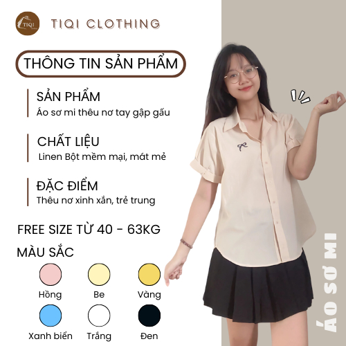 Áo Sơ Mi Nữ Tay Ngắn Gập Gấu Thêu Nơ, Sơ Mi Nữ Chất Linen Bột Mềm Mịn Form Vừa Xinh