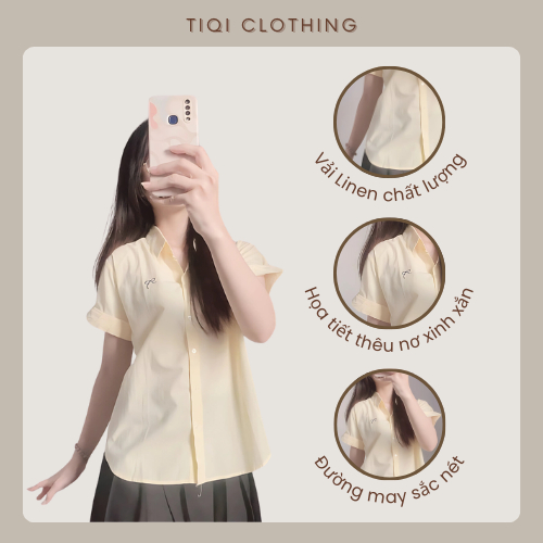 Áo Sơ Mi Nữ Tay Ngắn Gập Gấu Thêu Nơ, Sơ Mi Nữ Chất Linen Bột Mềm Mịn Form Vừa Xinh