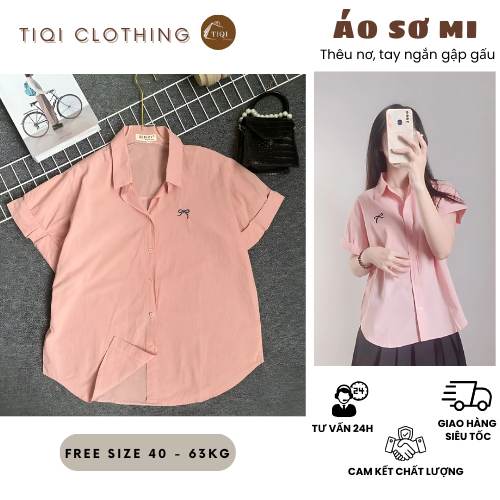 Áo Sơ Mi Nữ Tay Ngắn Gập Gấu Thêu Nơ, Sơ Mi Nữ Chất Linen Bột Mềm Mịn Form Vừa Xinh