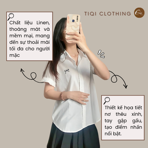 Áo Sơ Mi Nữ Tay Ngắn Gập Gấu Thêu Nơ, Sơ Mi Nữ Chất Linen Bột Mềm Mịn Form Vừa Xinh