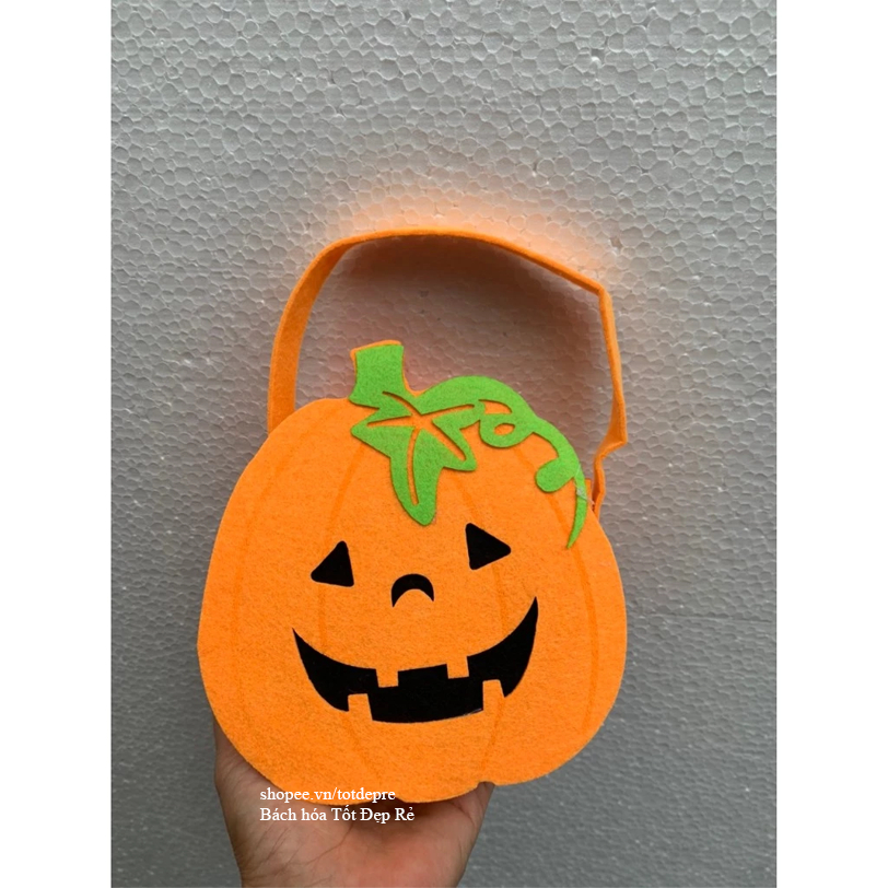 Túi vải dạ hình bí ngô phù thủy đựng kẹo cho bé dự tiệc hóa trang Halloween