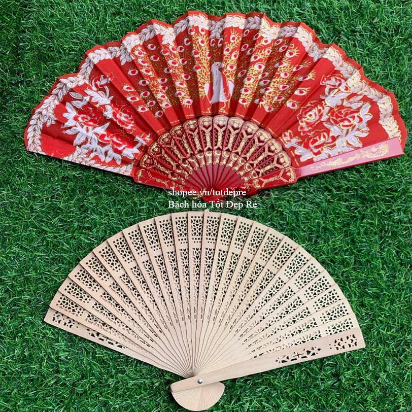 Quạt gỗ mộc  quạt công  màu đỏ  trang trí Tháp bánh Oản tài lộc Mẹt hoa ngày Tết