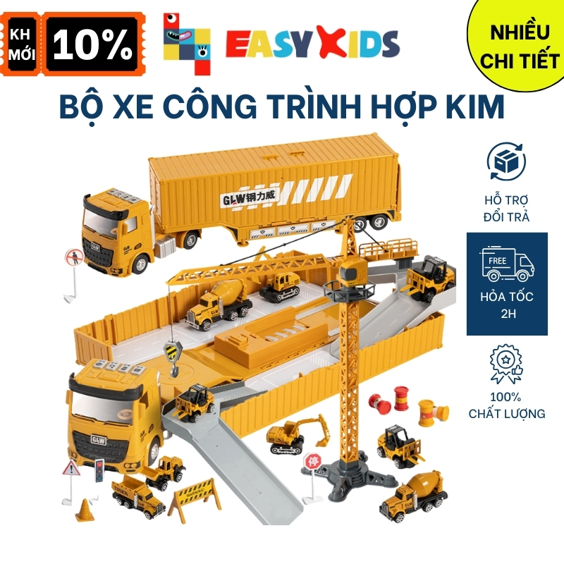 Bộ xe đồ chơi mô hình hợp kim container kỹ thuật xây dựng nhiều chi tiết như thật có đèn nhạc
