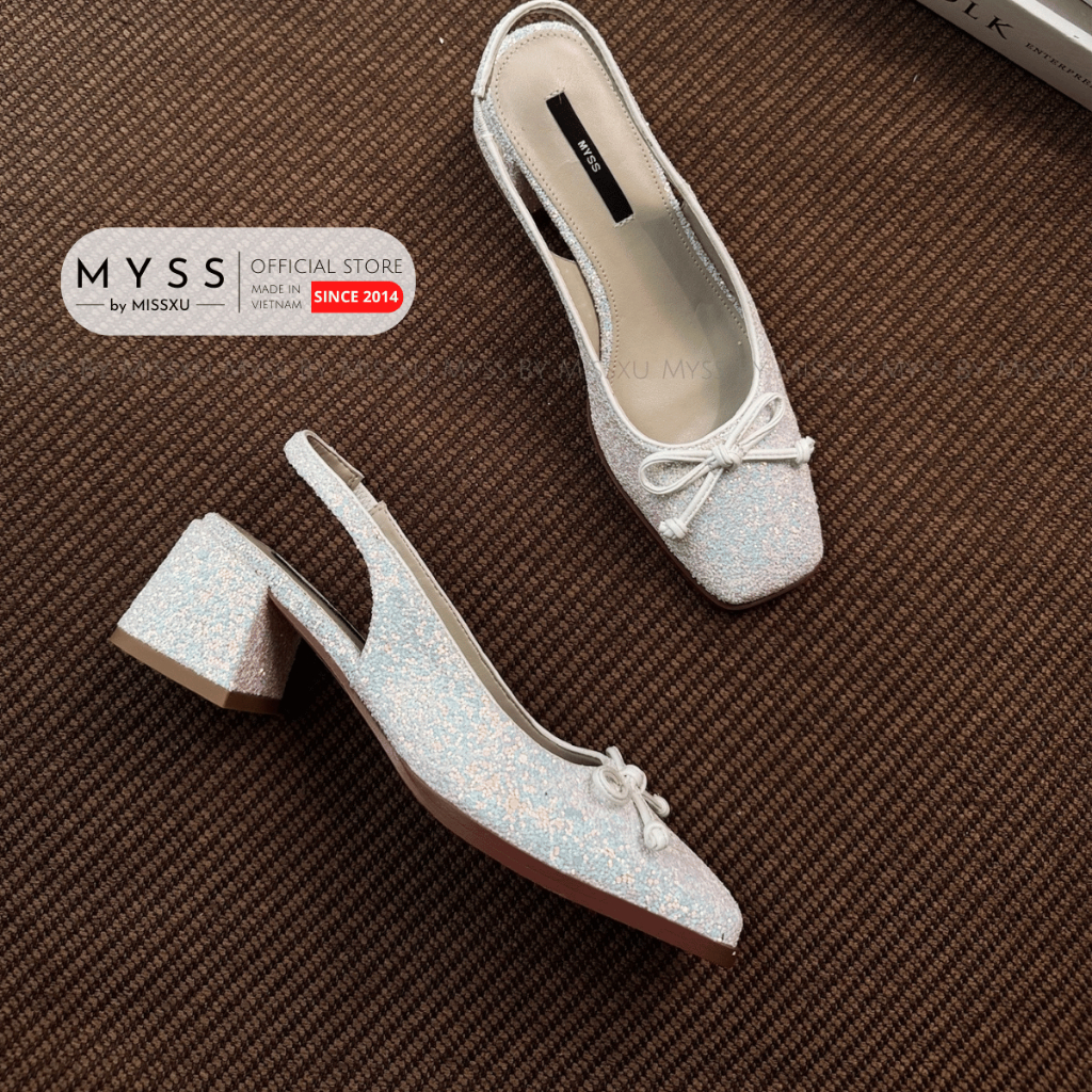 Giày cao gót nữ MYSS sling back mũi vuông nhũ kim tuyến phối nơ 5cm cao cấp - CG324