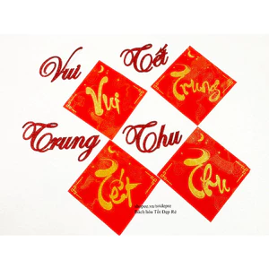 Bộ Chữ vui Tết trung thu giấy đỏ chữ thư pháp nhũ ánh kim tuyến dùng trang trí lễ hội trăng rằm