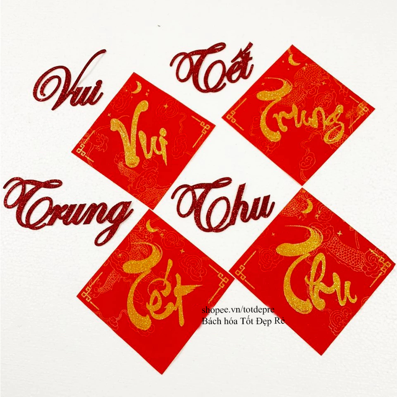 Bộ Chữ vui Tết trung thu giấy đỏ chữ thư pháp nhũ ánh kim tuyến dùng trang trí lễ hội trăng rằm