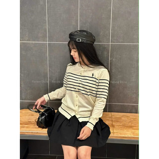 Áo len Cadigan kẻ dài tay sọc ngang ngực hình ngựa thêu Style Hàn Quốc free size mã 769