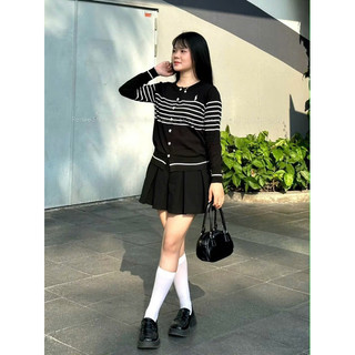 Áo len Cadigan kẻ dài tay sọc ngang ngực hình ngựa thêu Style Hàn Quốc free size mã 769