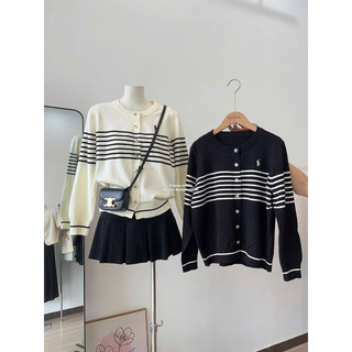 Áo len Cadigan kẻ dài tay sọc ngang ngực hình ngựa thêu Style Hàn Quốc free size mã 769