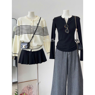 Áo len Cadigan kẻ dài tay sọc ngang ngực hình ngựa thêu Style Hàn Quốc free size mã 769