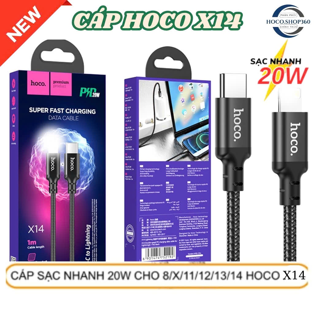 Cáp Sạc Nhanh Hoco X14 PD 20W, Type-C to LN, Sạc Nhanh 3A Dây,Bọc Dù Chống Đứt, Gãy Gập,Dài 1m - Hàng Chính Hãng