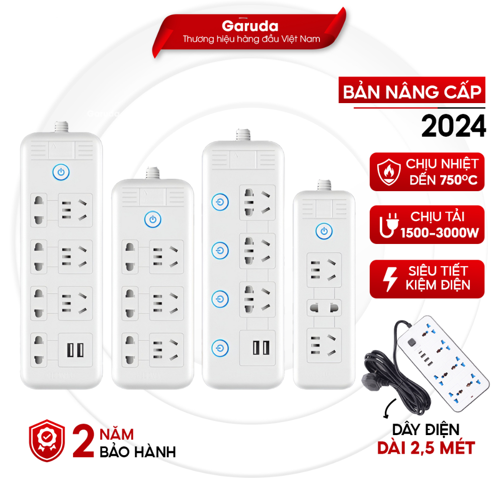 Ổ cắm điện đa năng thông minh GARUDA 2 cổng USB 15v sạc nhanh, chống cháy, ổ chịu tải 2500W, tiết kiệm 30 kilowatt giờ