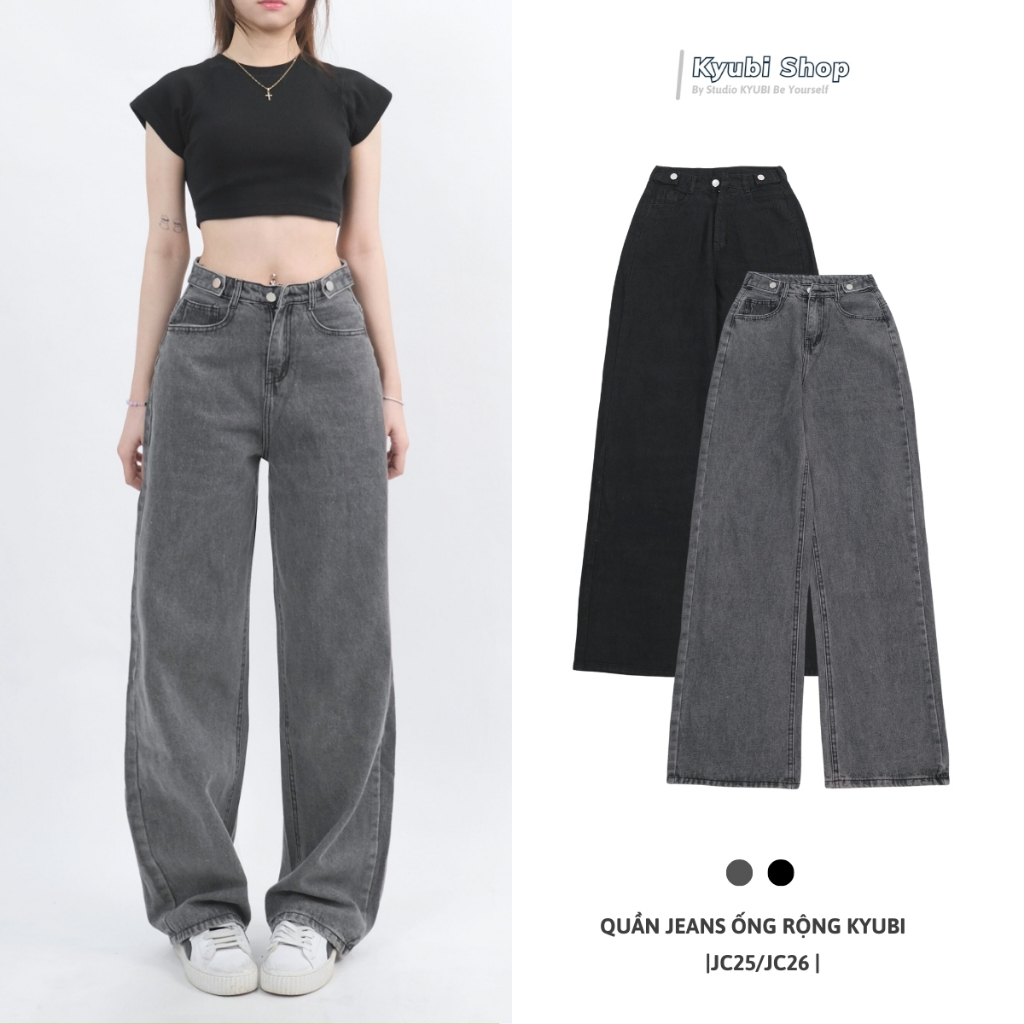 Quần jean nữ ống rộng đen xám phong cách Ulzzang School (Có Bigsize) - Quần jeans baggy suông Kyubi JC25