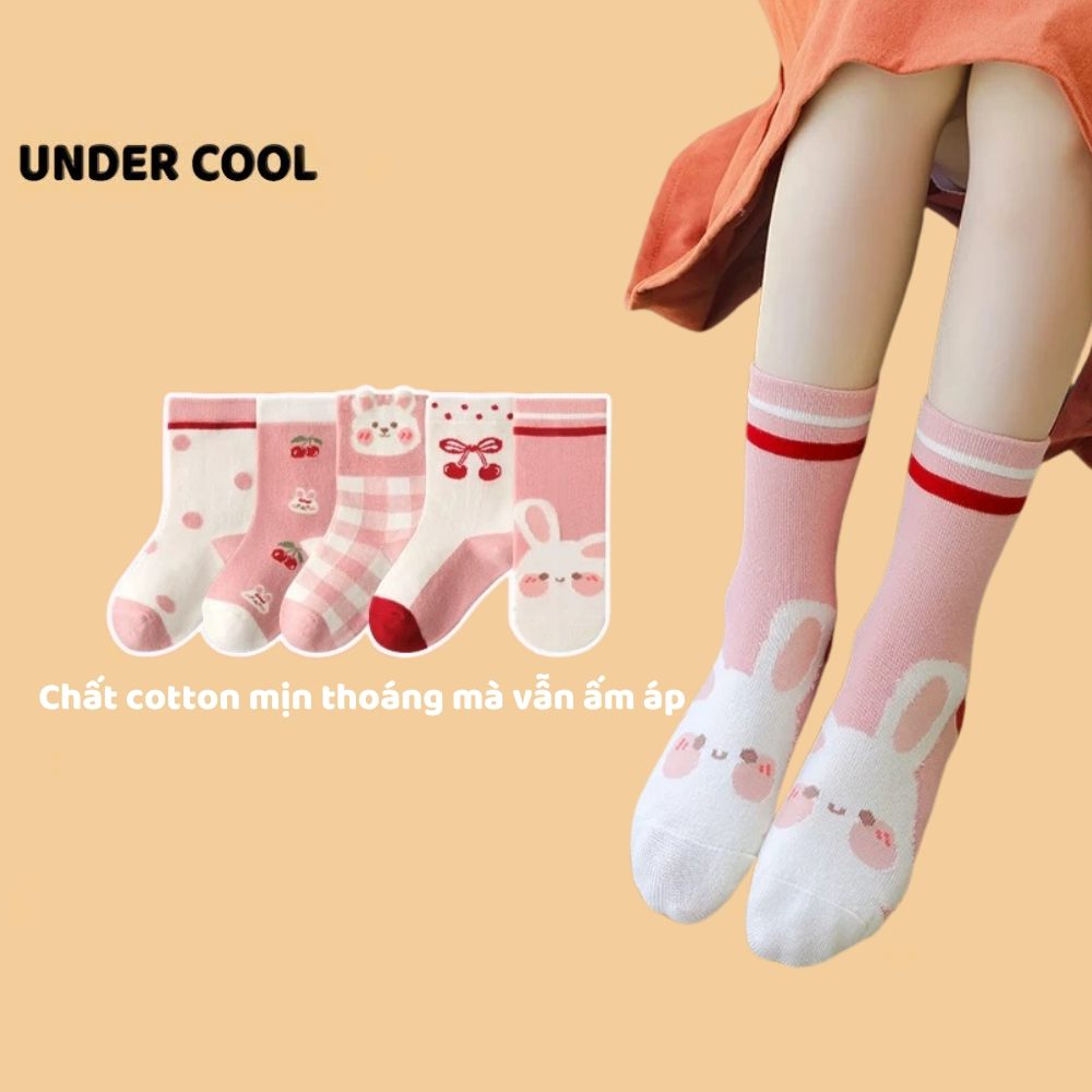 Set 5 Đôi Tất Vớ UNDERCOOL Cotton họa tiết Quả Cherry Thỏ Ô Vuông sợi bông mềm mại cho bé gái TC84