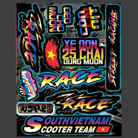 sticker mini chữ race và nhiều tem nhỏ dán lên điện thoại laptop ...