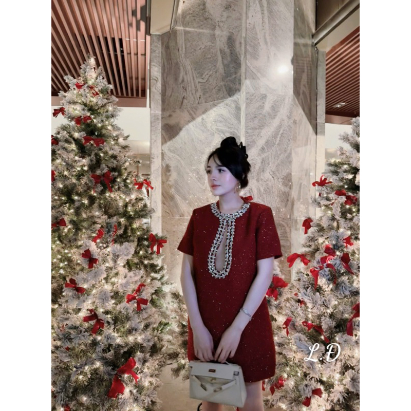 Váy dạ bling phối cổ đá sang trọng