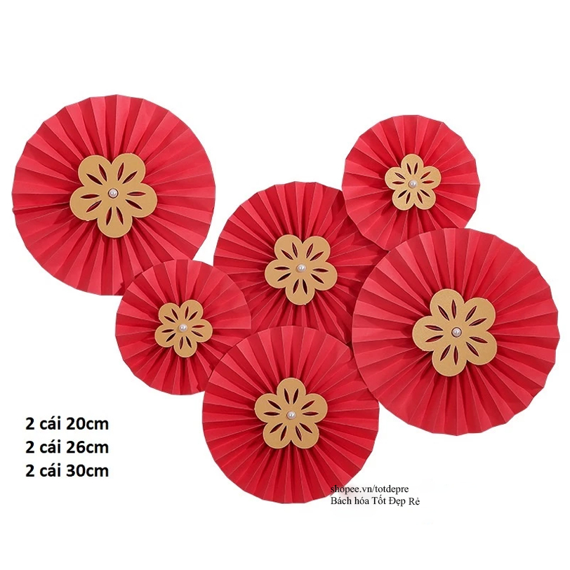 Set 6 quạt giấy màu đỏ trang trí Tết - Hoa giấy xếp màu đỏ