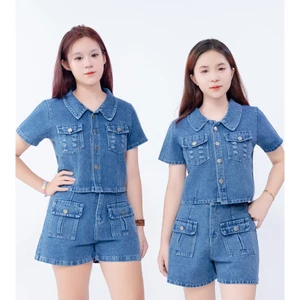 Sét Jean Nữ Cao Cấp Áo Croptop Mix Quần Đùi Cạp Cao Túi Hộp - MÀU XANH ĐẬM BT001