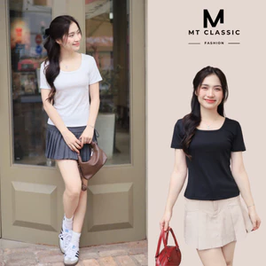 Áo thun cổ vuông tay ngắn trơn, áo phông nữ cộc tay không ôm sát eo chất cotton cao cấp thấm hút mồ hôi - MT Classic