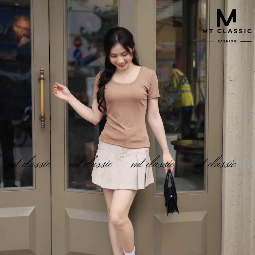 Áo thun cổ vuông tay ngắn trơn, áo phông nữ cộc tay không ôm sát eo chất cotton cao cấp thấm hút mồ hôi - MT Classic