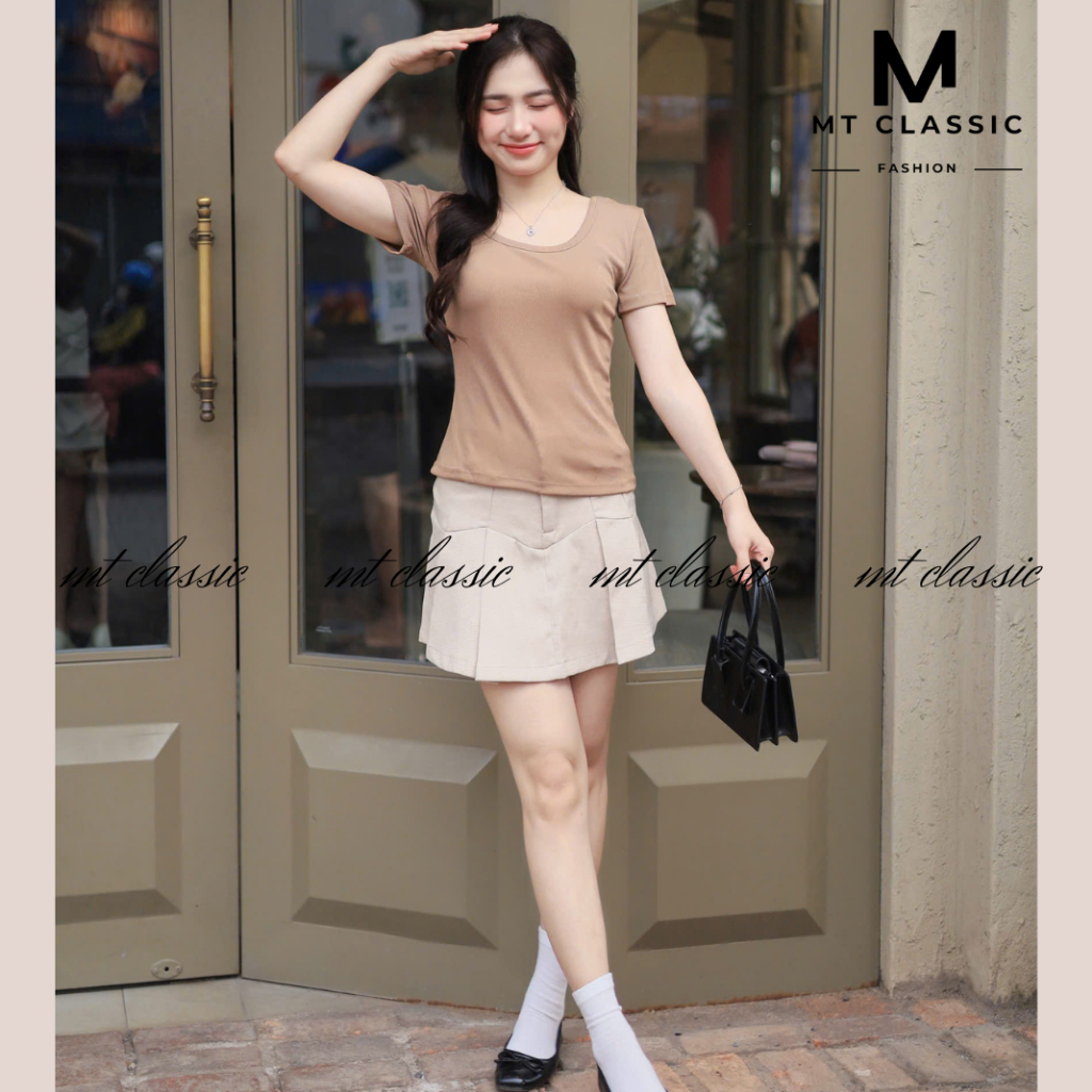 Áo thun cổ vuông tay ngắn trơn, áo phông nữ cộc tay không ôm sát eo chất cotton cao cấp thấm hút mồ hôi - MT Classic