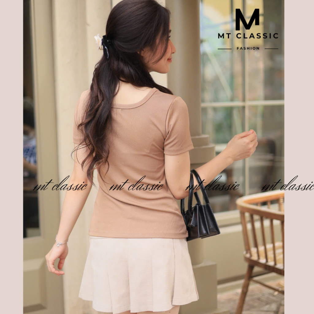 Áo thun cổ vuông tay ngắn trơn, áo phông nữ cộc tay không ôm sát eo chất cotton cao cấp thấm hút mồ hôi - MT Classic