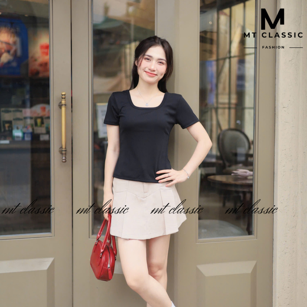Áo thun cổ vuông tay ngắn trơn, áo phông nữ cộc tay không ôm sát eo chất cotton cao cấp thấm hút mồ hôi - MT Classic