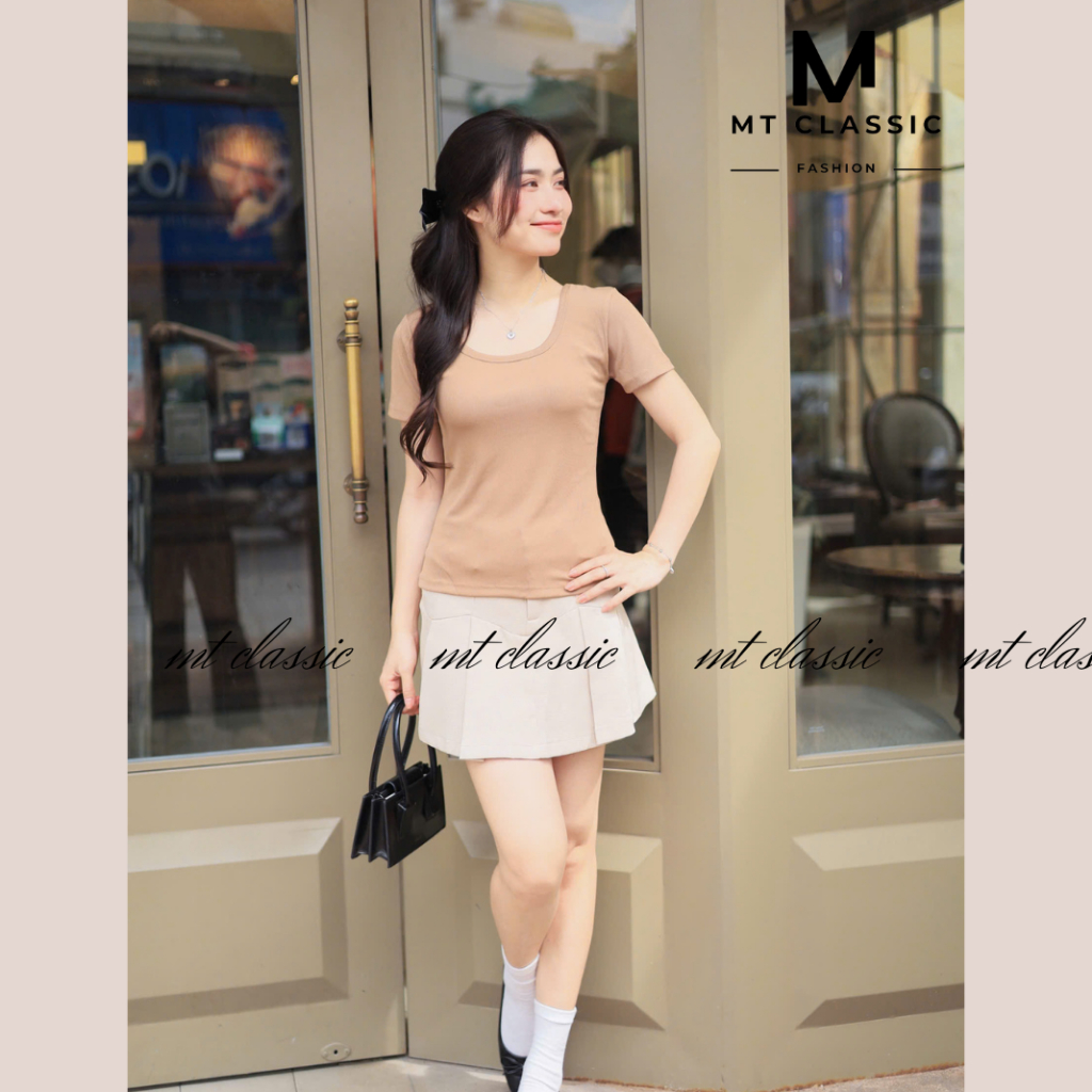 Áo thun cổ vuông tay ngắn trơn, áo phông nữ cộc tay không ôm sát eo chất cotton cao cấp thấm hút mồ hôi - MT Classic