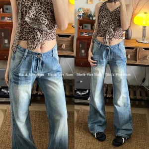 Quần jean cạp trễ màu xanh wash mài ống đứng kết hợp loe nhẹ phong cách cá tính QJCT004 Tiktik