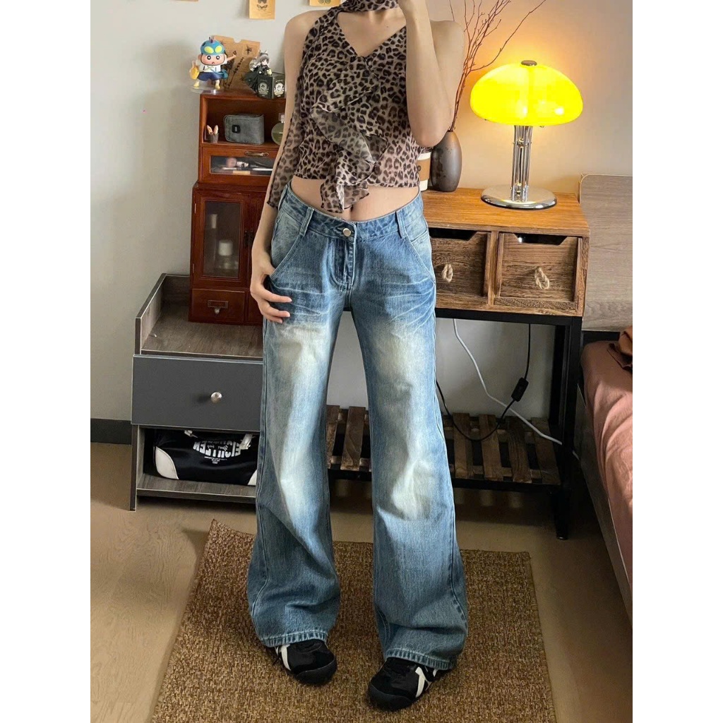 (sẵn)Quần jean cạp trễ màu xanh wash mài ống đứng kết hợp loe nhẹ phong cách cá tính QJCT004 Tiktik