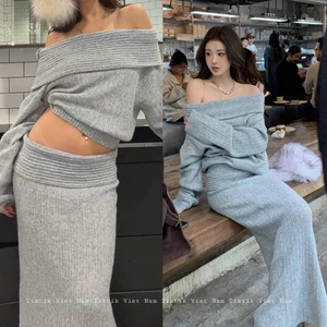 Set bộ len áo trễ vai dài tay kết hợp chân váy dài cạp bản to màu ghi trơn nữ tính SB003 - Tiktik