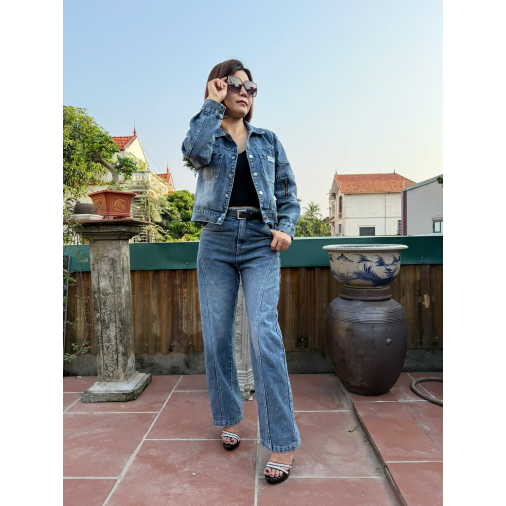 Sét Bộ Jean DÀI TAY KHÓA Thu Đông Áo Croptop Kết Hợp Quần Suông Lưng Cao Có Sọc Viền Cho Nữ - BT-014