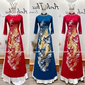 Áo dài mẹ sui, áo dài thêu khổng tước vải lụa mango đính kết sang trọng AD02