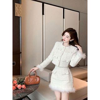 Set dạ tweet trắng đính khuy đá pha viền lông xinh xắn phong cách Hàn Quốc dành cho nữ