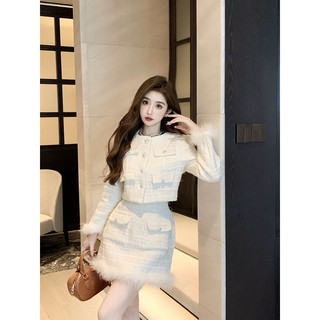 Set dạ tweet trắng đính khuy đá pha viền lông xinh xắn phong cách Hàn Quốc dành cho nữ