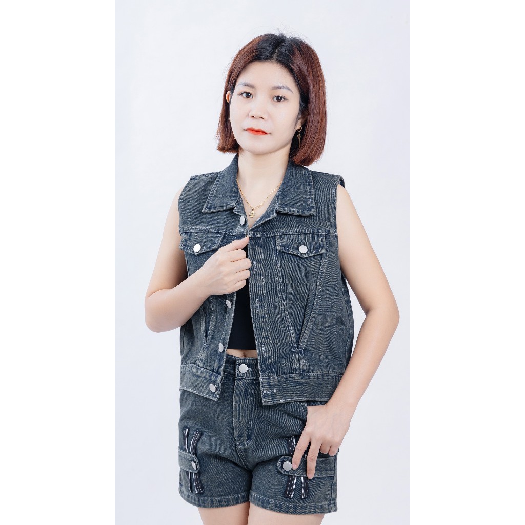 Set Bộ Jean Nữ GILE KHÓA áo kiểu croptop mix quần short phối khóa hai bên - MÀU XANH ĐEN BT-009 set thường