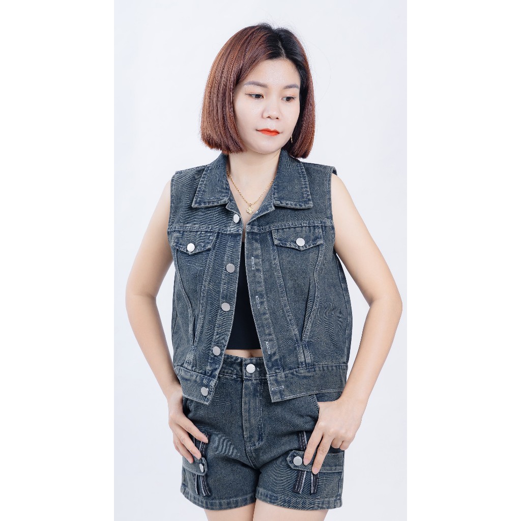 Set Bộ Jean Nữ GILE KHÓA áo kiểu croptop mix quần short phối khóa hai bên - MÀU XANH ĐEN BT-009 set thường