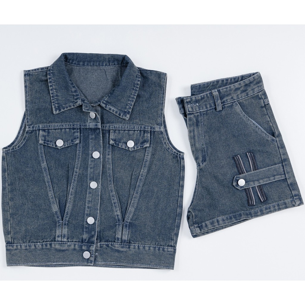 Set Bộ Jean Nữ GILE KHÓA áo kiểu croptop mix quần short phối khóa hai bên - MÀU XANH ĐEN BT-009 set thường