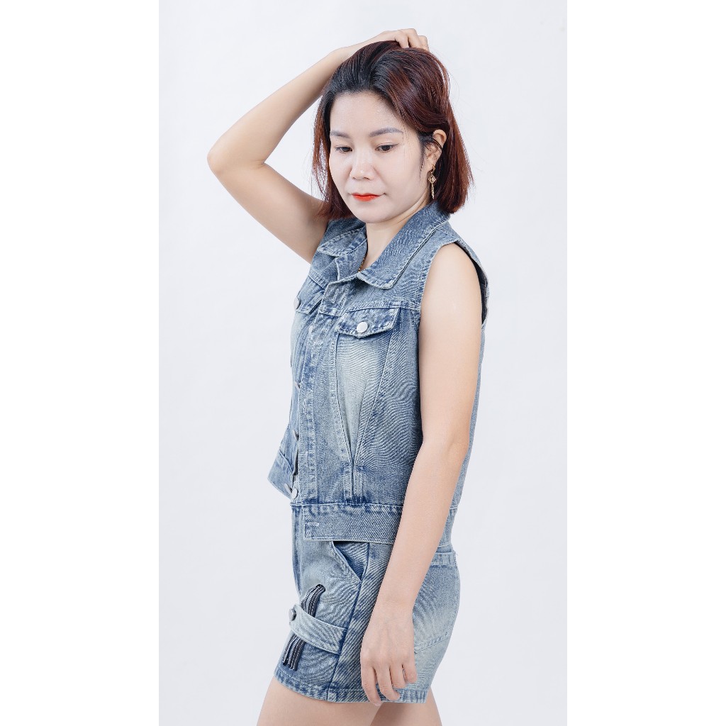 SÉT BỘ JEAN GILE KHÓA áo kiểu croptop mix quần shỏt cạp cao túi chéo phối khóa trang trí sườn - MÀU XANH NHẠT BT-008