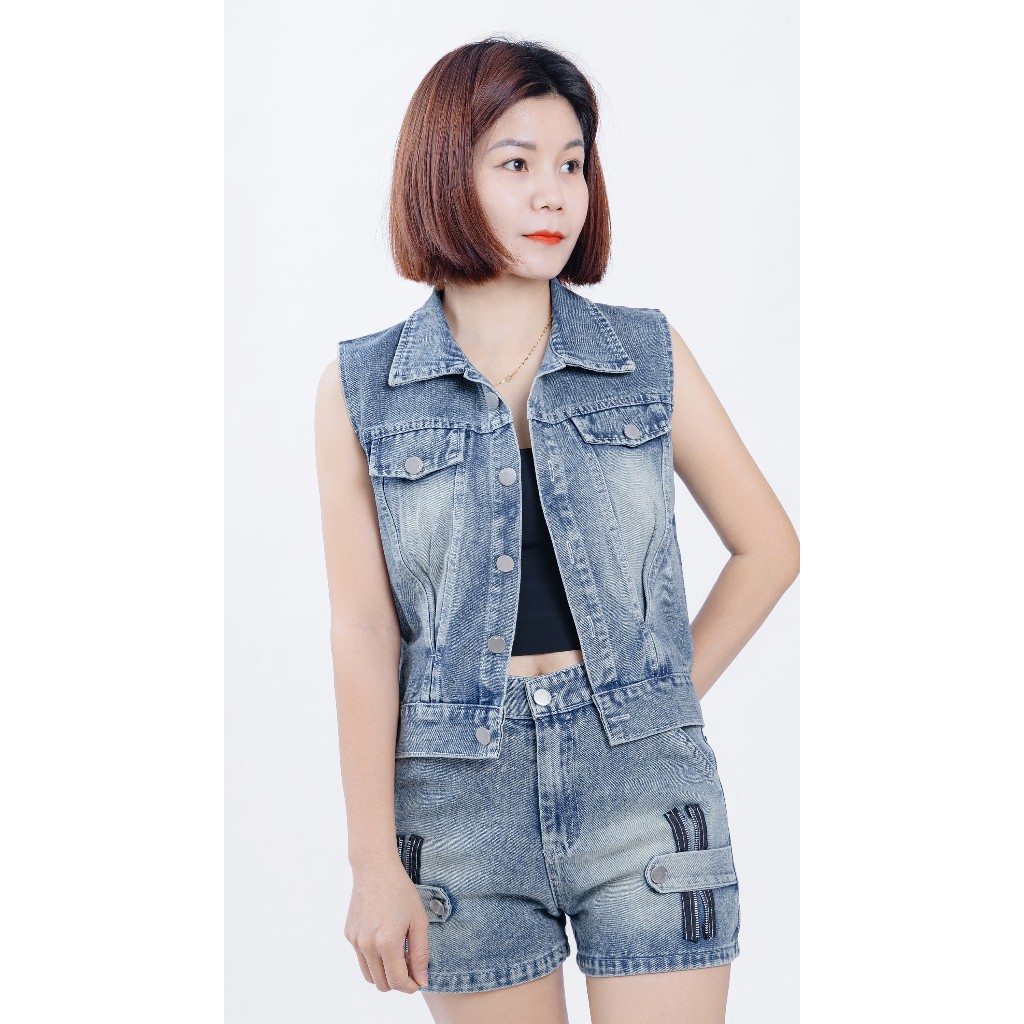 SÉT BỘ JEAN GILE KHÓA áo kiểu croptop mix quần shỏt cạp cao túi chéo phối khóa trang trí sườn - MÀU XANH NHẠT BT-008