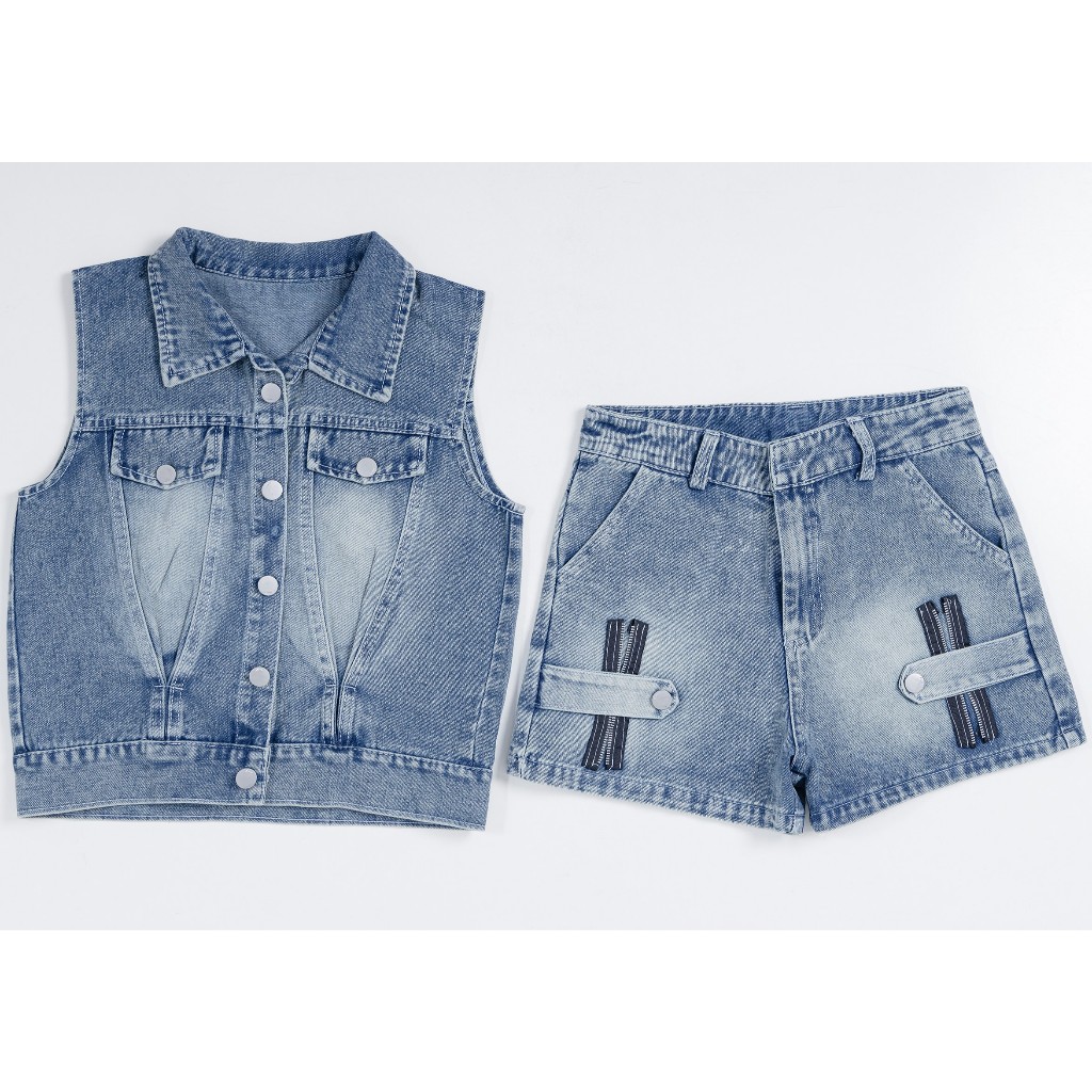 SÉT BỘ JEAN GILE KHÓA áo kiểu croptop mix quần shỏt cạp cao túi chéo phối khóa trang trí sườn - MÀU XANH NHẠT BT-008
